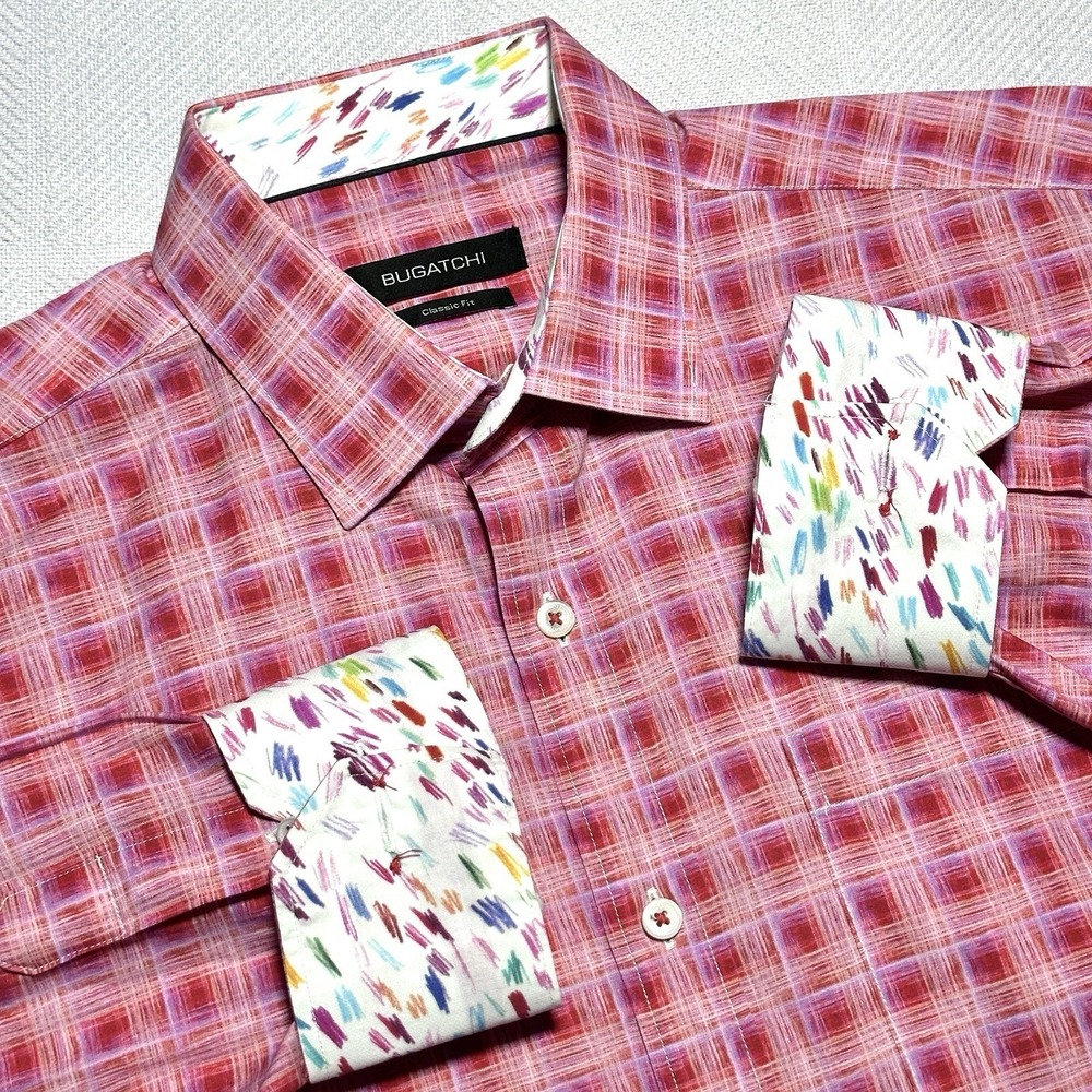 Bugatchi Button Down Up‎ Shirt Mens Medium Flip Cuffs Pink Strawberry Plaid
